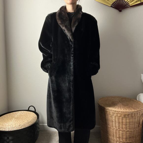 Vintage Jackets & Blazers - 80s vintage black brown minimalist classic faux fur long winter coat